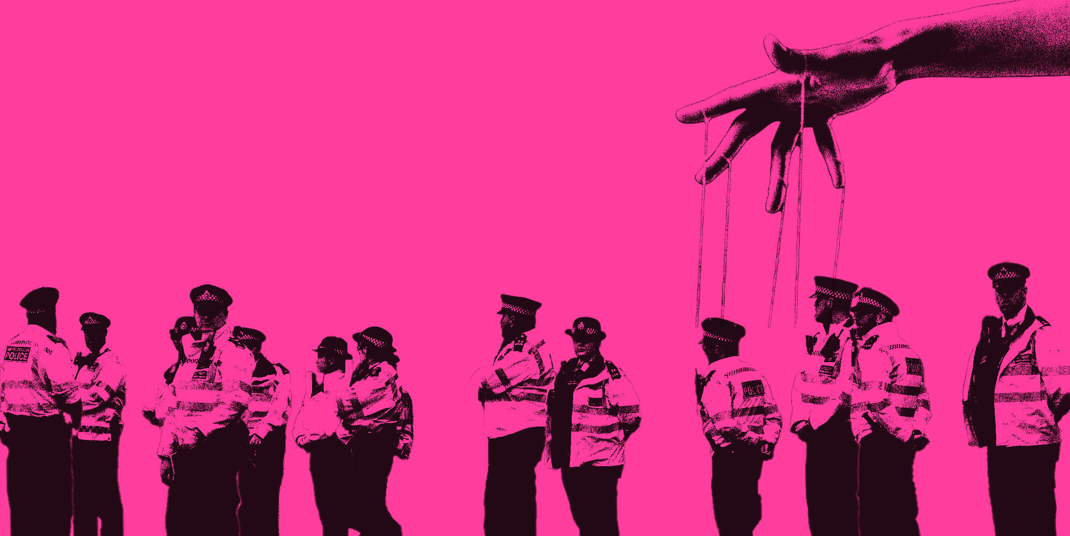 A line of idle police officers stand below a floating hand with strings falling down from the fingers, all set in black over a pink background