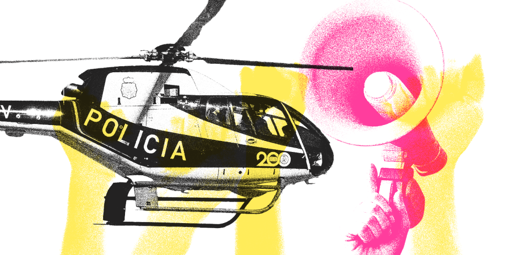 Fists and a hand holding a loudspeaker are raised behind an image of a police helicopter.