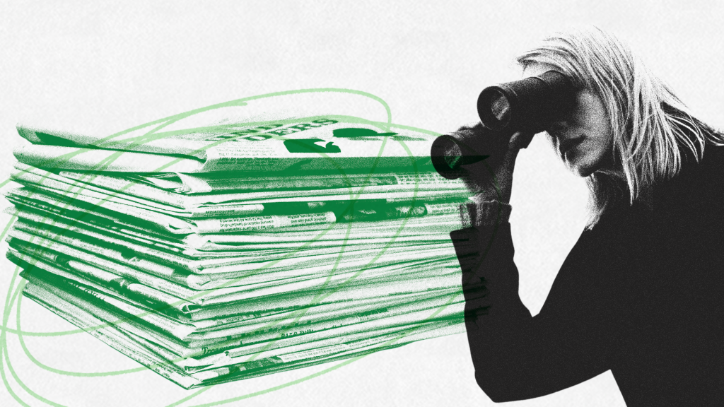 Stack of newspapers with circles scribbled over the image. To the side, a person holds binoculars to their face, looking towards the stack.